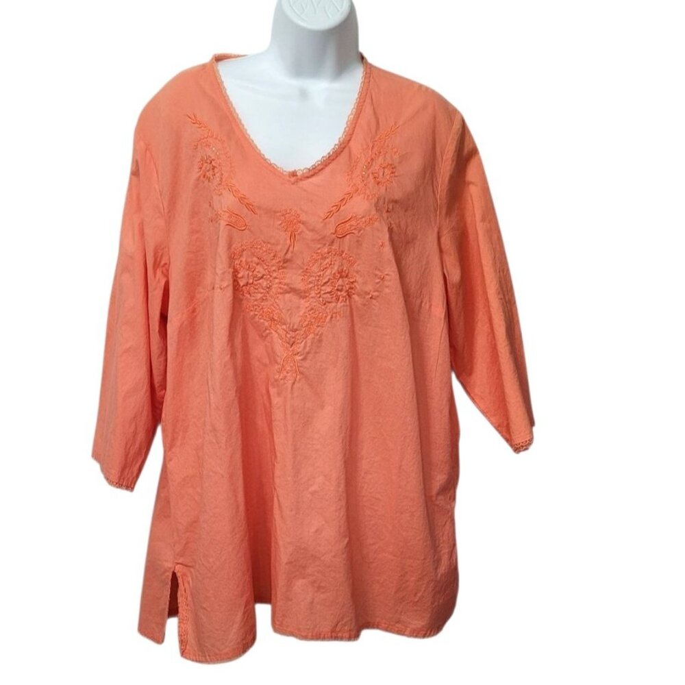 Quizz‎ Peach Beaded Tunic Blouse M V-Neck Embroidered Boho Chic Top